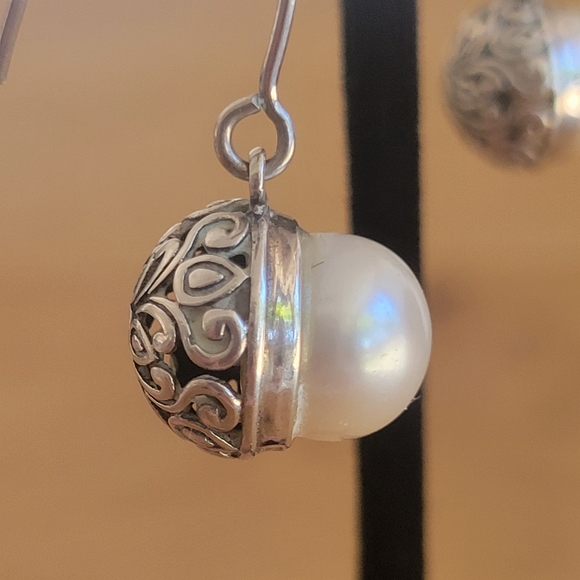 Genuine Cultured Pearl 925 Dangly Filigree Earrings - Picture 10 of 10